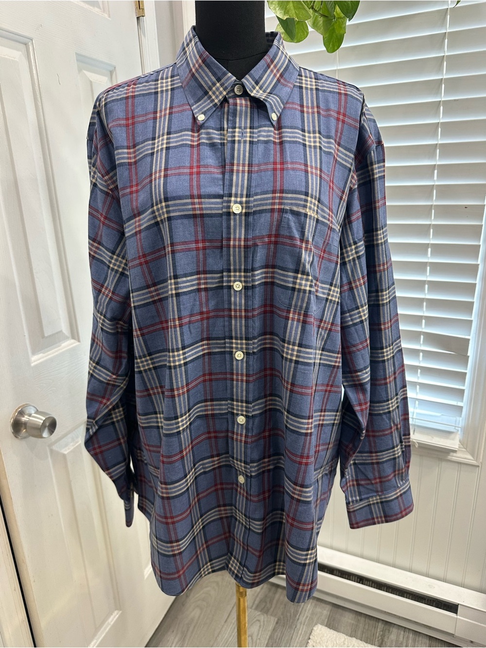 Brooks Brothers Blue Plaid Button-Down Shirt with Red and Cream Stripes